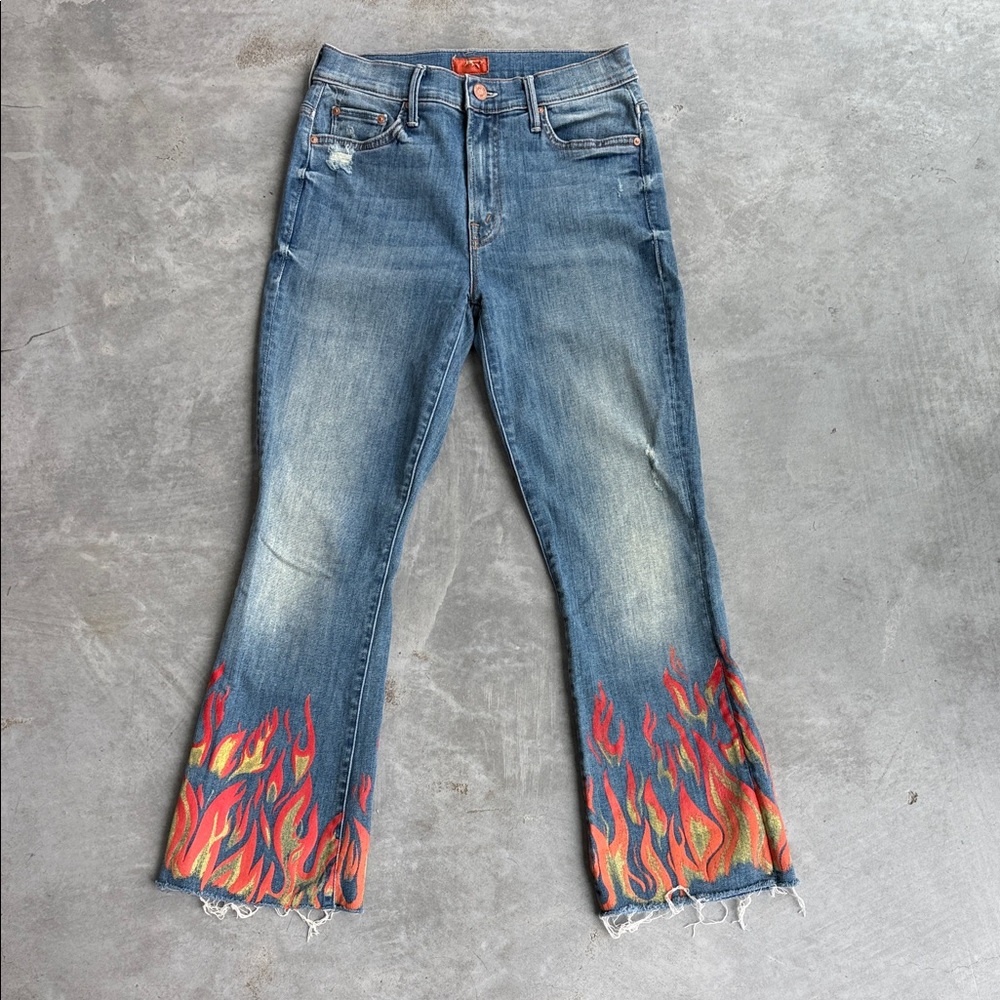 Blue Women's Denim Jeans with Red Flame Embroidery - Stylish Distressed Hem